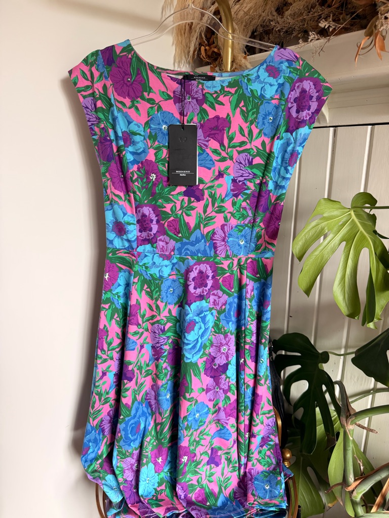 Weekend Max Mara Pink Floral Midi Dress With Blue And Purple Blooms